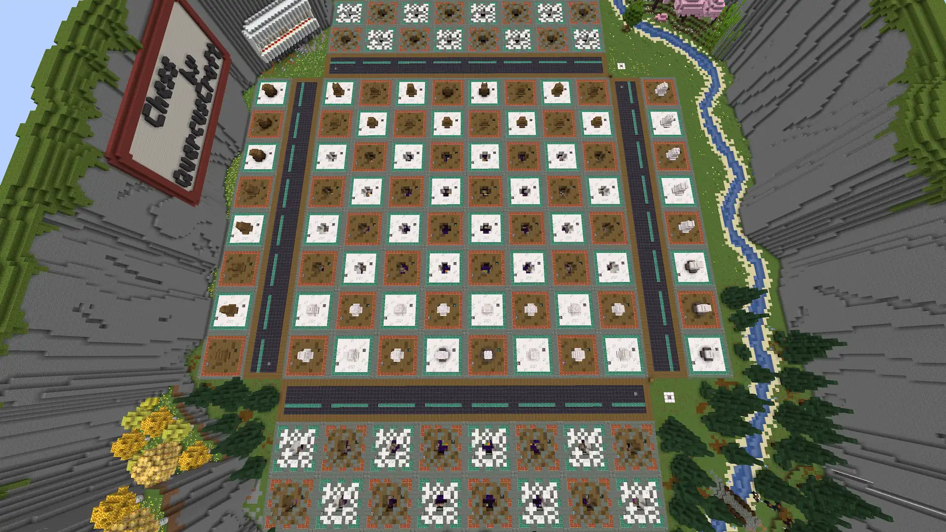 Aerial view of Chess Valley — a fully functional chess board inside a sculpted Minecraft valley