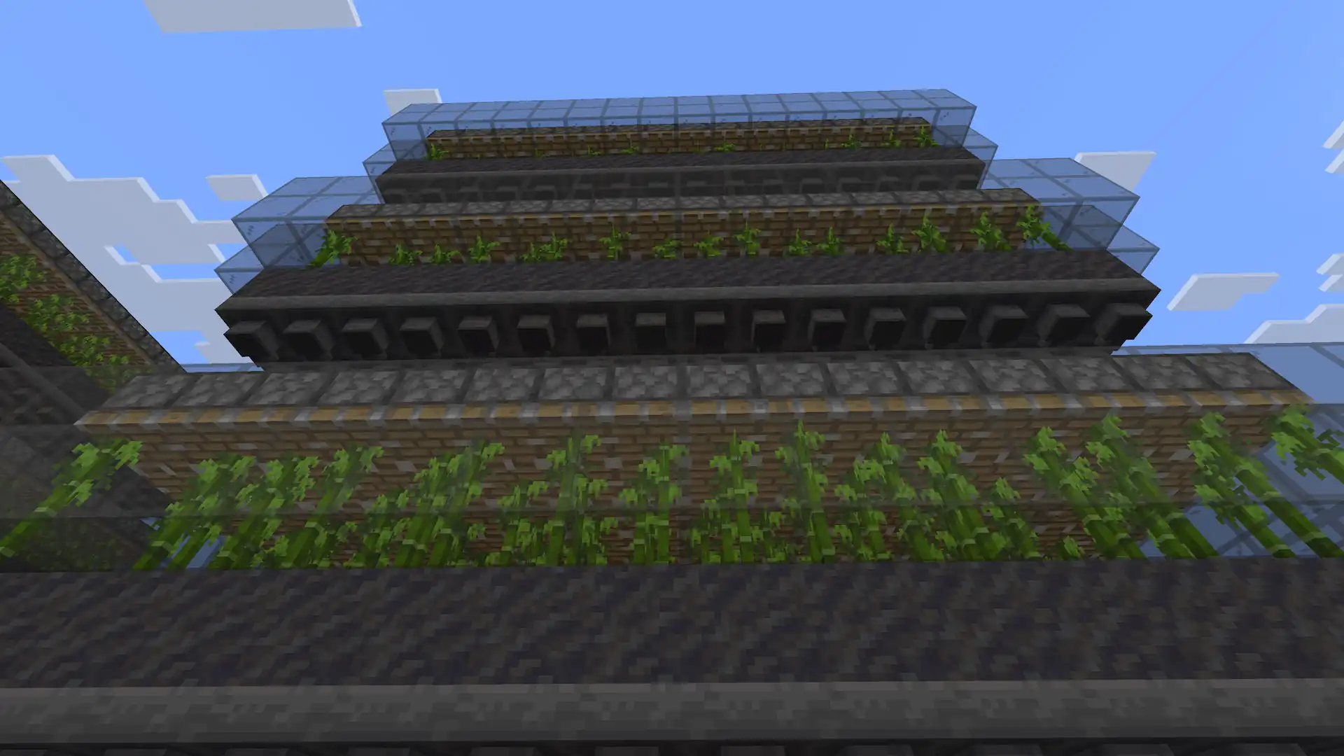Three timed bamboo farm units tiled side by side